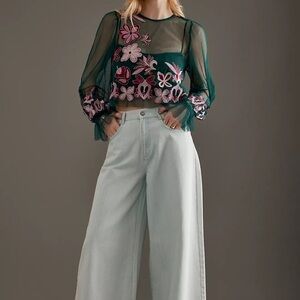 Anthropologie Long-Sleeve Embroidered Mesh Top